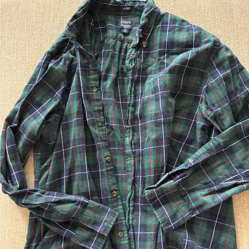 J. Crew Men's Blue and Green Checkered Shirt